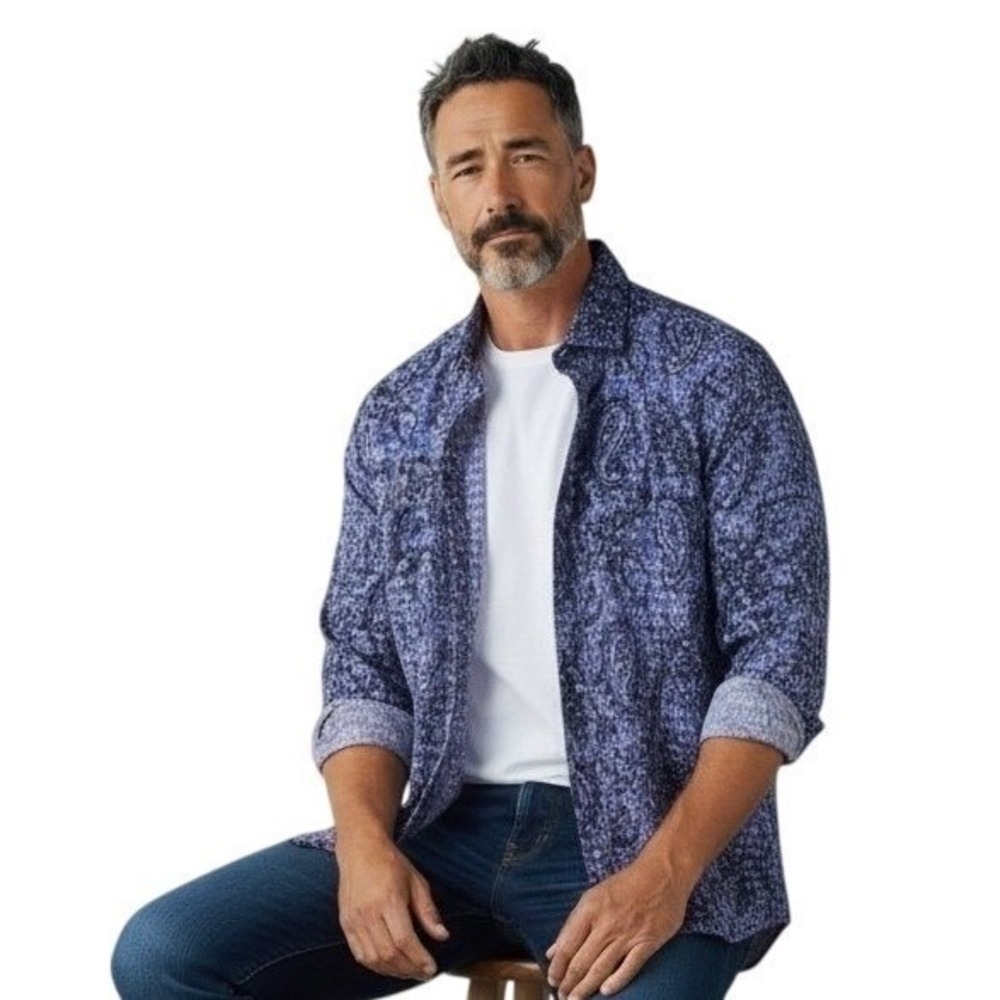 Eight X Premium Mens XL Slim Fit Velvet‎ Burnout Paisley Button Down Shirt Blue